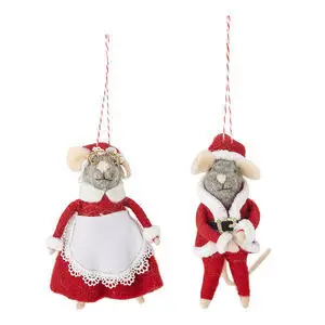 To museornamenter, en i rød kjole med briller, en i julemandsdragt; begge har ophængssnore.