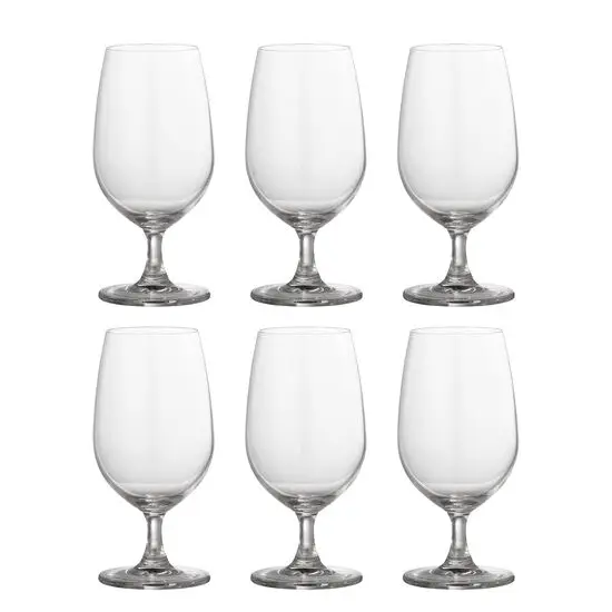 Seks klare ølglas med korte stilke og runde skåle, arrangeret i to rækker.