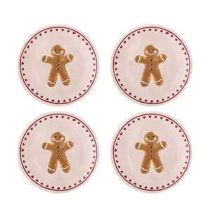 Tallerken med peberkagemand i midten og rød hjertekant, set fire gange.