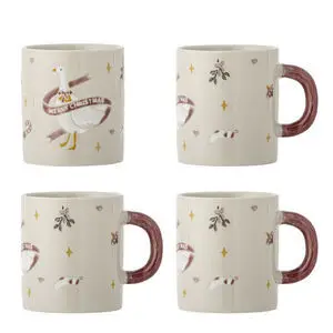 Krus med gås, "Merry Christmas"-banner, mistelten, stjerner, slikrør, rødligt håndtag.