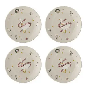 Tallerkener med and, "Merry Christmas", stjerner, krans og mistelten på beige baggrund.