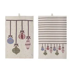 To røde viskestykker med julekugler; et med prikker, et med striber. Hver med ophængsløkke.