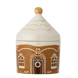 Beholder i form af honningkagehus med konisk låg og træknop. Brun med hvide vinduer og dør.