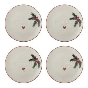 Tallerken med "HAVE A HOLLY JOLLY CHRISTMAS", grangrene, røde bær og rød kant.