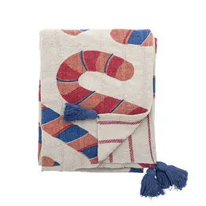 Plaid i rød, blå, beige med slikstok-striber og blå kvaster i hjørnerne.