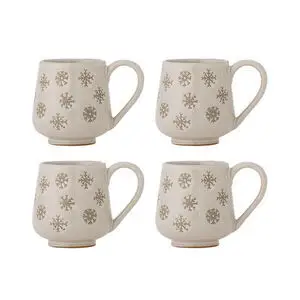 Fire krus med snefnug-mønster, rund form, lys naturfarve og håndtag.