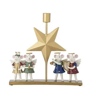 Fire mus med vinger og glorier rundt om en stjerne med lysestage, i festlige farver og musikinstrumenter.