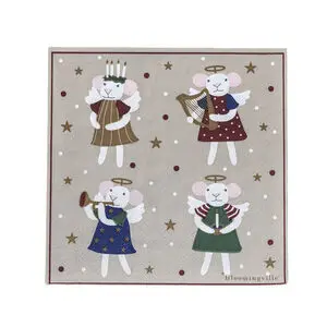 Mus udklædt som engle i farverige kjoler på beige baggrund med stjerner. Tekst: "Bloomingville".