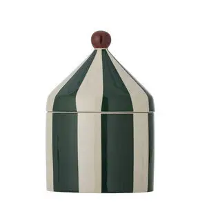 Cylindrisk krukke med grønne/beige striber, kegleformet låg og brun knop.