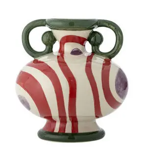 Rund vase med to håndtag, røde striber, lilla cirkler, grøn top og bund.