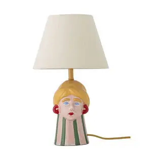 Bordlampe med stiliseret ansigtsbase, konisk skærm og gennemsigtigt kabel.