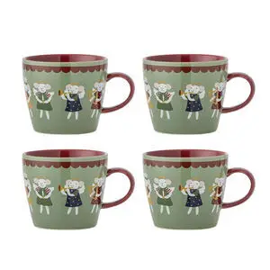 Fire grønne krus med tegneserie-dyrefigurer, rød inderside og rød hank.