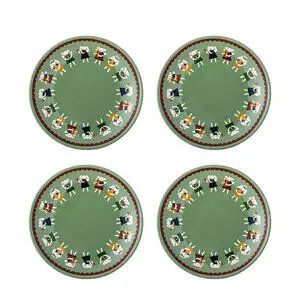 Grønne tallerkener med farverige figurer langs kanten. Flad bund, let forhøjet kant.