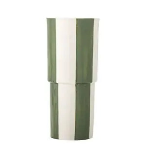 Cylindrisk vase med grønne og hvide lodrette striber, enkel og moderne stil.