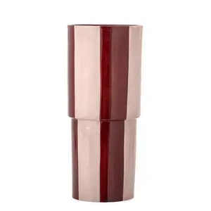 Cylinderformet vase med smal midte, blank finish og lodrette røde striber i tofarvet skema.