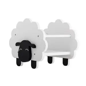 Hylde i fåreform med hvid krop, sort ansigt og to opbevaringsniveauer, perfekt til børneværelser.