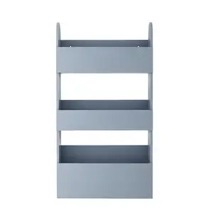 Blå hylde med tre lodrette rum og buede sider øverst, moderne design.