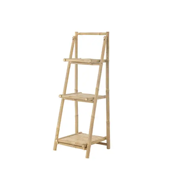Bambus tøjstativ med tre hylder i naturlig bambusfarve, enkel og funktionel stil.