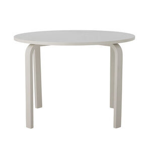 Rundt bord med fire ben, minimalistisk design og glat overflade i naturlig farve, lavet af MDF.