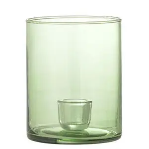 Grøn cylindrisk lysestage i genanvendt glas, minimalistisk design med plads til lys indeni.