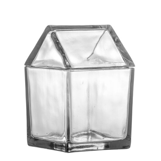 Beholder i klart glas, husform med skrånende tag, lavet af genanvendt glas.