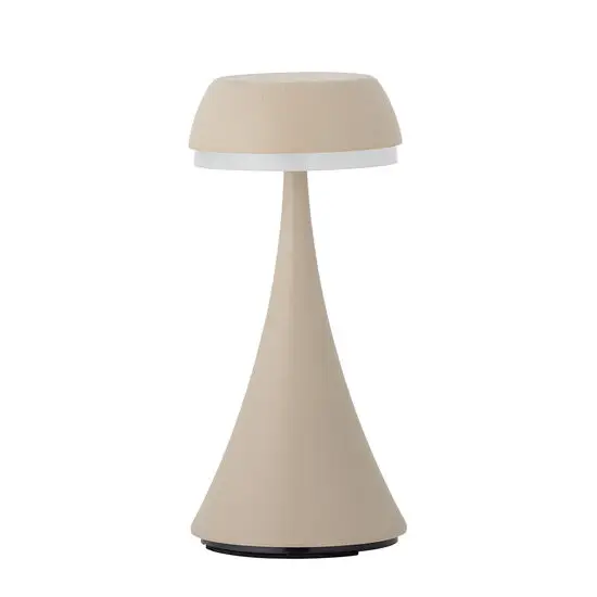 Moderne, bærbar lampe med konisk form og lysring på toppen, i naturfarvet aluminium.