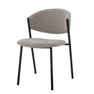 Grå spisebordsstol med rundt ryglæn og sæde i tekstureret stof, sorte metalben, enkel stil.