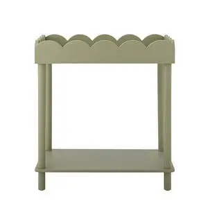 Grønt sidebord med bølget kant, to niveauer med nederste hylde og fire cylindriske ben.