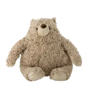 Brun bamse med krøllet tekstur og ribbet snude og poter, rund form, velegnet som krammebamse.