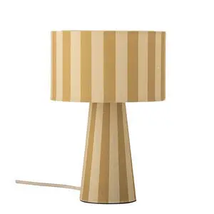 Bordlampe med gule og beige striber, konisk fod og cylindrisk skærm. Dekorativt design.