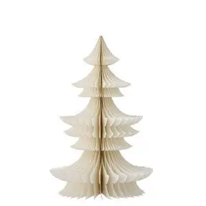 Hvidt dekorationstræ med lagdelt harmonika-struktur, symmetrisk, ligner stiliseret juletræ.