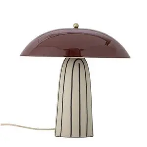 Svampeformet bordlampe med brun kuppel og lys base med lodrette sorte striber.