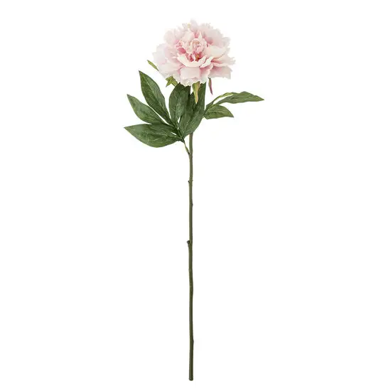 Kunstig peonblomst i rosa med fyldig blomst, lang slank stilk og grønne blade.