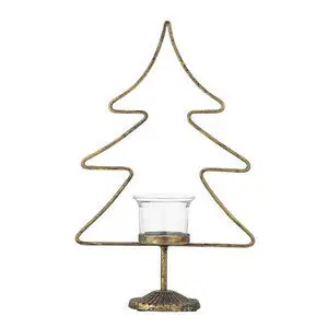 Guldfarvet juletræslysestage i metal med glasholder til fyrfadslys.