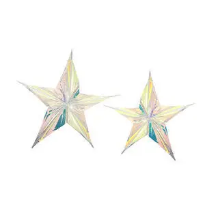 To iriserende, stjerneformede ornamenter i plast med 3D-effekt i to forskellige størrelser.