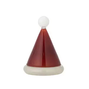 Rød kegleformet glasfigur med hvid kugle på toppen og hvid base, dekorativ og to-delt.