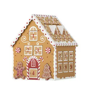 Julekalender som peberkagehus med nummererede låger, peberkagemand og juletræ.