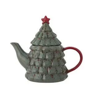 Tekande formet som juletræ med rød stjerne, rød hank og tud, aftageligt låg. Grønt keramik.