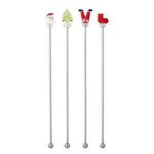 Fire cocktailrørepinde med julemand, juletræ, nisseben og rød strømpe, kugleformet bund.