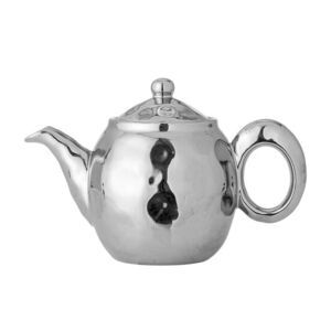 Skinnende sølv tekande med rund krop, tud, håndtag og låg med lille knop.