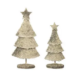 To guldfarvede dekotræer med stjerner, glitrende tekstur og runde baser.
