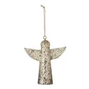 Engleformet ornament i skinnende guldmetal med vinger og ophængssnor.