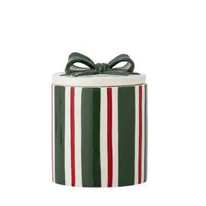 Cylindrisk beholder med grønne og røde striber, låg med dekorativ sløjfe på toppen.