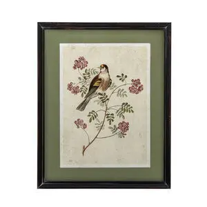 Illustration af fugl på gren med blomster i mørk rektangulær ramme, grøn baggrund.