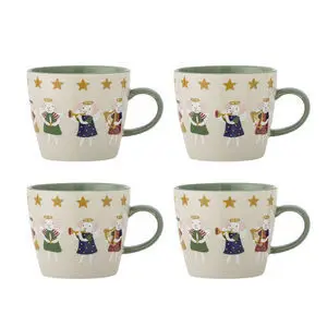 Fire kopper med figurer og stjerner, håndtag til højre, indre mørkegrøn farve.