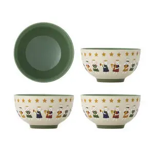 Fire stentøjsskåle med figurer og stjerner udenpå, grøn indeni. Tre set fra siden, én oppefra.