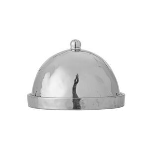 Skinnende, kuppelformet beholder i sølv med låg og knop på toppen.