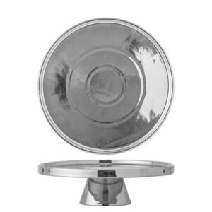 Cirkulært kagefad af stentøj med sølvfinish og hævet fod, reflekterende overflade.