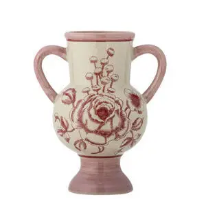 Vasen har to håndtag, et detaljeret blomsterdesign og rosa top og bund.
