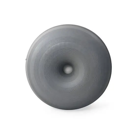 Grå, rund Bobles-donut med koncentriske ringe på overfladen, set ovenfra.